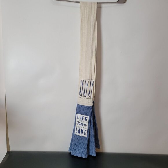 Life Is Better At The Lake Blue & Cream Cotton & Linen Kitchen Towel By DEMDACO - Picture 3 of 8